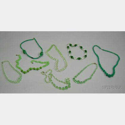 Eight Art Deco and Later Green Glass and Crystal Beaded Necklaces. 