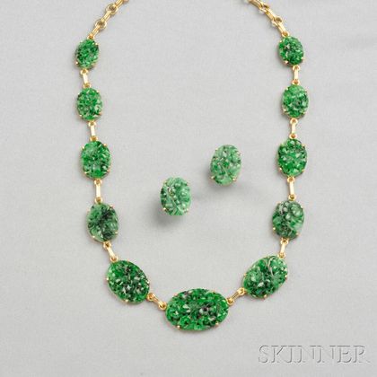 14kt Gold and Jade Necklace and Earrings, Tiffany & Co.