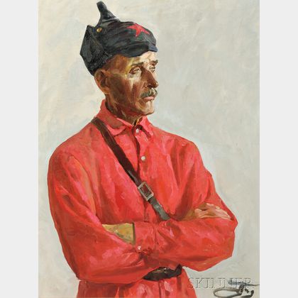Petr Vassilievitch Pavlov (Russian, b. 1937) Portrait of Military Figure in Red Shirt and Hat with Red Star