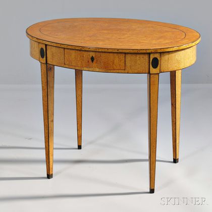 Biedermeier Inlaid Karelian Birch Oval Table with Drawer