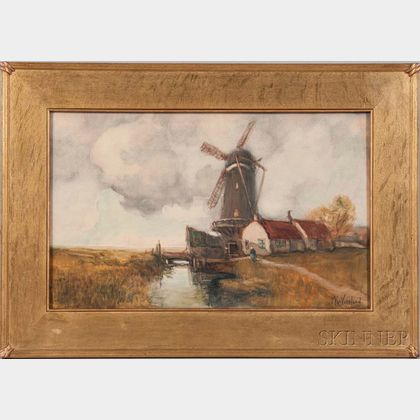 Francis William Vreeland (American, 1879-1954) Windmill, Canal, and Autumn Fields.