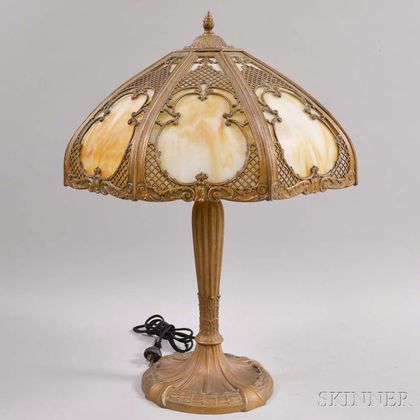 Royal Art Glass Co. Slag Glass and Metal Overlay Table Lamp