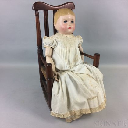 Martha Chase-type Stockinette Doll and a Child's Bannister-back Rocking Armchair