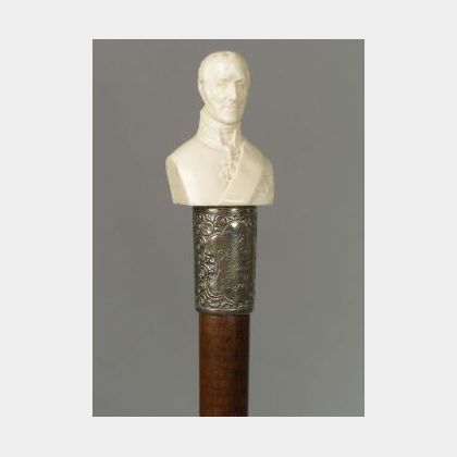 English Walking Stick with Carved Ivory Bust of Wellington