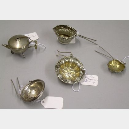 One Silver Plated and Four Sterling Silver Tea Infusers. 