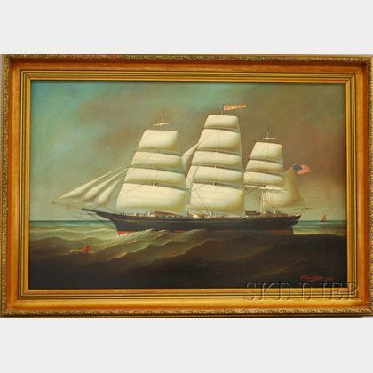 American School, 19th Century Portrait of the Three-Masted Sailing Ship Commodore