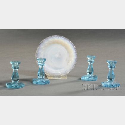 Four Miniature Pressed Glass Candlesticks and a Lacy Glass Cup Plate