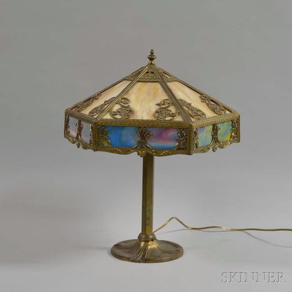 Metal Overlay and Slag Glass Table Lamp