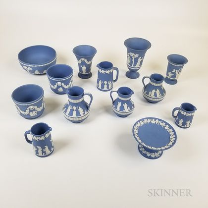 Thirteen Modern Wedgwood Light Blue Jasper Tableware Items. Estimate $300-500