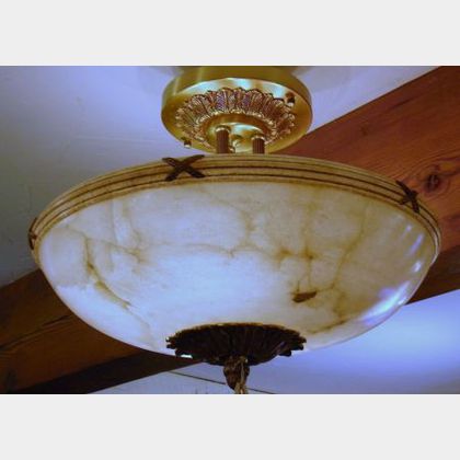 Graduated Pair of Neoclassical-style Hanging Brass-mounted Alabaster Dome Light Shades
