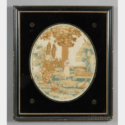 Silk Needlework Picture of a Shepherdess in a Landscape