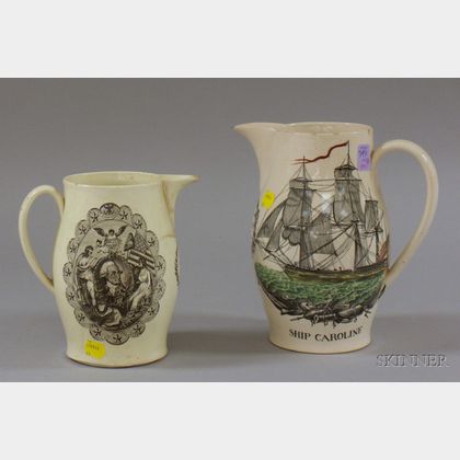 Liverpool Pottery Transfer Decorated Pitcher and a Reproduction Pitcher