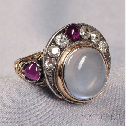 Moonstone, Ruby, and Diamond Ring