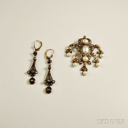 Victorian Diamond, Pearl, and Gold-filled Pendant and Earrings