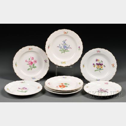 Eight Meissen Porcelain Floral-decorated Plates