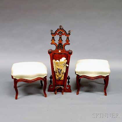 Two French Provincial Upholstered Stools and an Victorian Ebonized and Mahogany Boot Jack