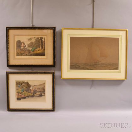 Frederic Cozzens (American, 1846-1928) Sailing Watercolor and Two Alken Fishing Engravings. Estimate $150-250