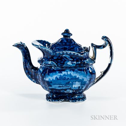 Staffordshire Historical Blue Transfer-decorated "Wadsworth Tower" Teapot