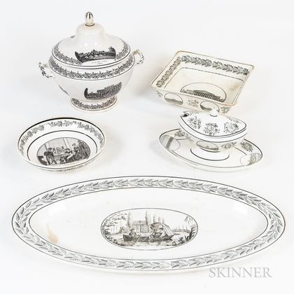 Creil Transfer-decorated Tureen, Sauceboat, and Three Serving Dishes. Estimate $300-500