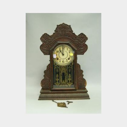 Ingraham Late Victorian Pressed Oak Gingerbread Shelf Clock. 