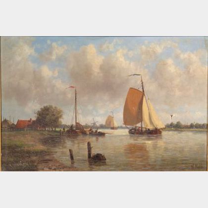 Hendrik Hulk (Dutch, 1842-1937) Ketches Sailing on a River