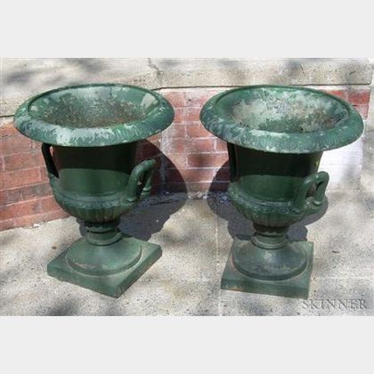 Pair of Green-painted Cast Iron Campagna-form Garden Urns