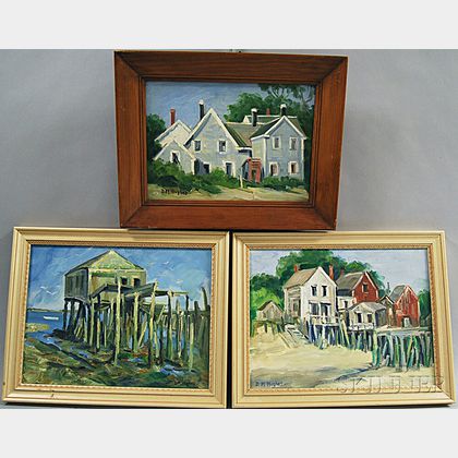 Daisy Marguerite Hughes (American, 1883-1968) Three Framed Works: Old Timbers, Wharf Houses