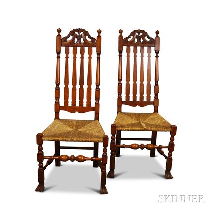Pair of Wallace Nutting Carved Maple Bannister-back Side Chairs