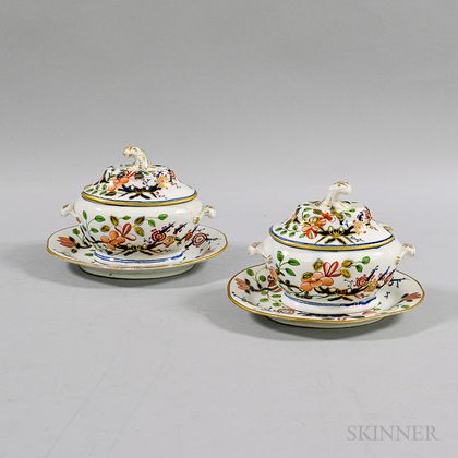 Pair of Pearlware Imari-palette Covered Tureens and Undertrays