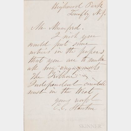Stanton, Elizabeth Cady (1815-1902) Autograph Letter Signed, Tenafly, New Jersey, Undated.