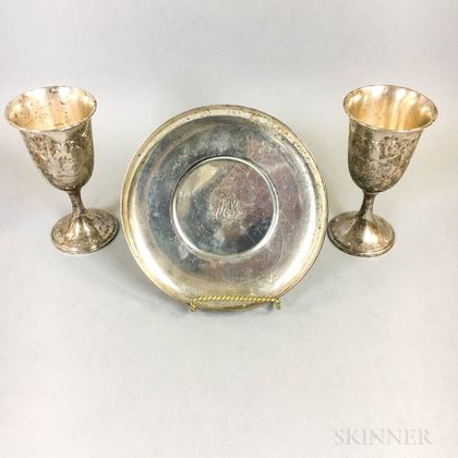 Whiting Sterling Silver Monogrammed Dish and a Pair of S. Kirk & Sons Anniversary Goblets