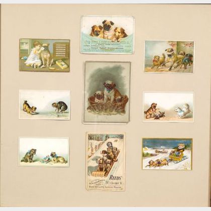 American School, 19th Century Lot of Nine Chromolithographic Trade Cards Featuring Pugs