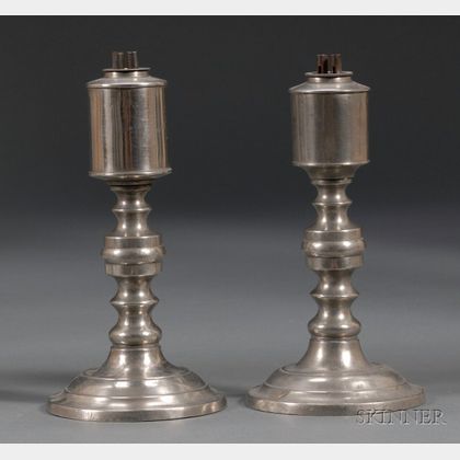 Near Pair of Pewter Whale Oil Lamps