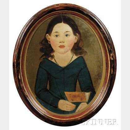Prior-Hamblin School, 19th Century Portrait of a Little Girl in a Blue Dress Holding a Red Book.