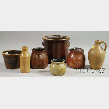 Five Small Pieces of Stoneware and Two Redware Jars