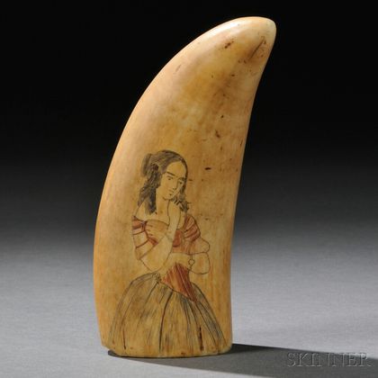 Scrimshaw Whale's Tooth Decorated with a Fashionable Young Lady