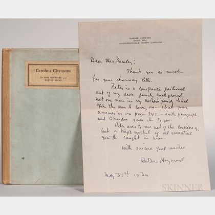 Heyward, DuBose (1885-1940) and Hervey Allen (1889-1949) Carolina Chansons. Legends of the Low Country, with Heyward Autograph Letter S
