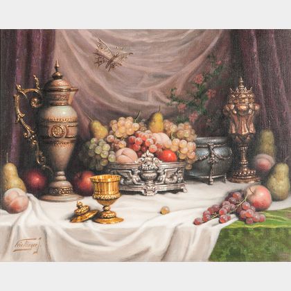 John (Jeno) Friedlinger (Hungarian, b. 1890) Ornate Tabletop Still Life with Fruit and Butterfly.