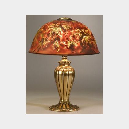 Painted Art Glass Shade and Gilt-metal Table Lamp