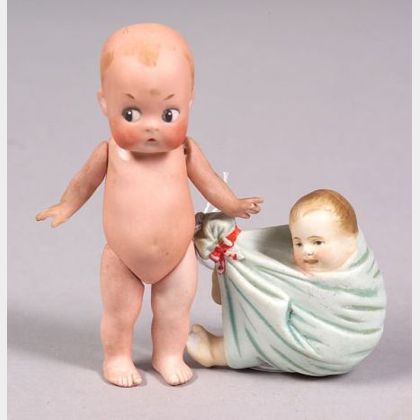 All-Bisque Googlie-eyed Character Doll and Hanging Baby in Blanket