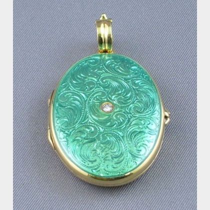German 18kt Gold and Turquoise-colored Enamel Locket. 