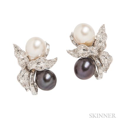 18kt White Gold, South Sea and Tahitian Pearl, and Diamond Earrings