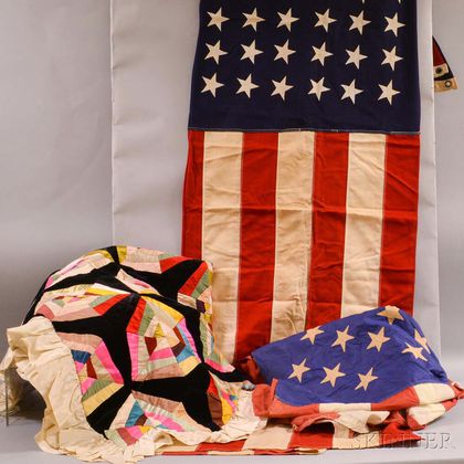 Fifty-star American Flag, a Forty-eight Star Flag, and a Pieced Velvet and Silk Crazy Quilt