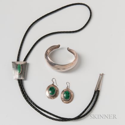 Sterling Silver and Malachite Earrings, a Bolo Tie, and a Sterling Silver Cuff