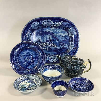 Seven Staffordshire Blue Hunting Transfer-decorated Tableware Items