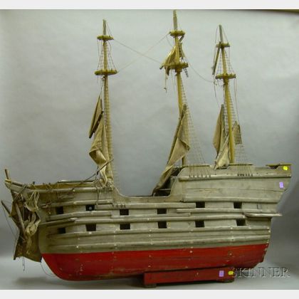 Large Folk Carved and Painted Wooden Three-Masted War Ship Model Victory