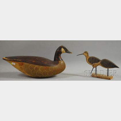 Carved and Painted Canada Goose Decoy and Pair of Shorebirds