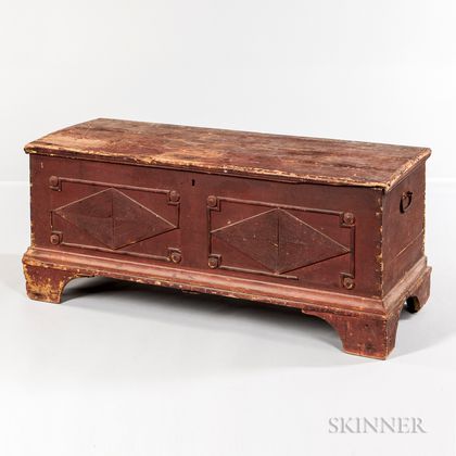Red-painted Blanket Chest with Applied Reeded Geometric Designs