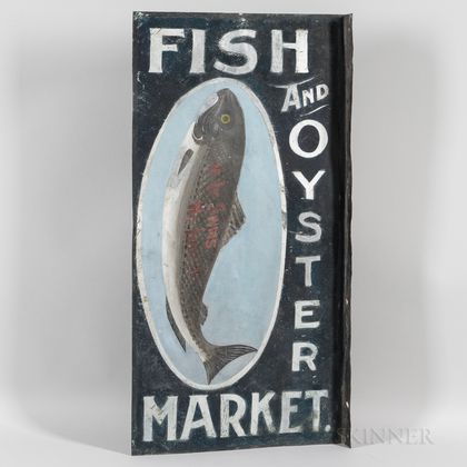 Painted and Smalted Double-sided Tin "Fish And Oyster Market" Sign