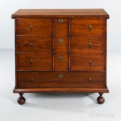 Early Pine Ball-foot Chest over Drawer